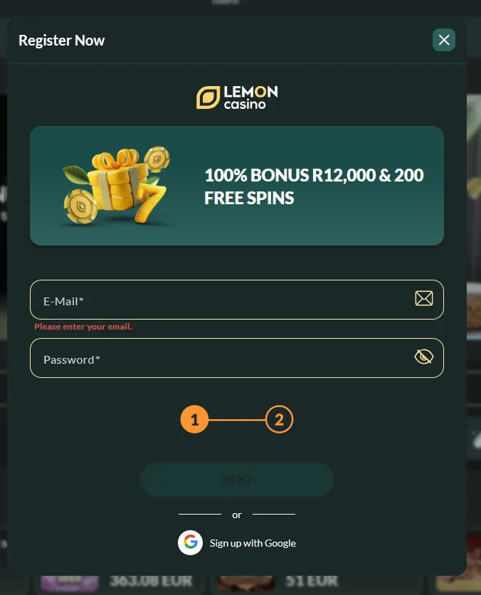 Lemon Casino SA-registrasievenster