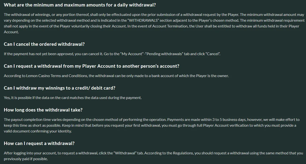 Lemon Casino FAQ oor onttrekkings