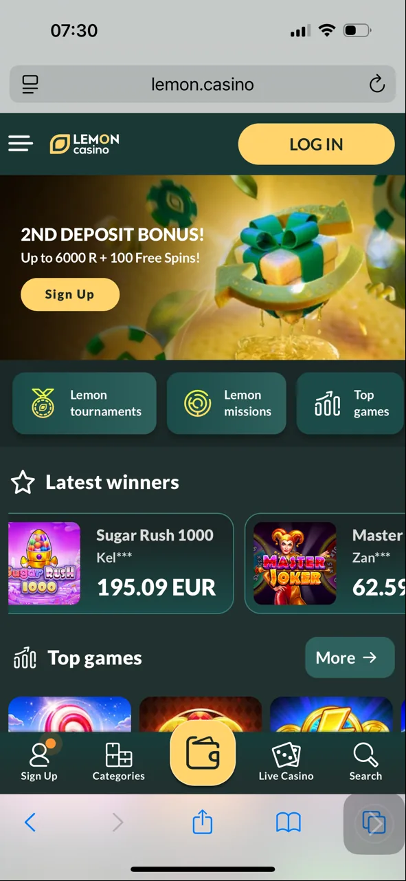 Lemon Casino mobiele SA-aansig